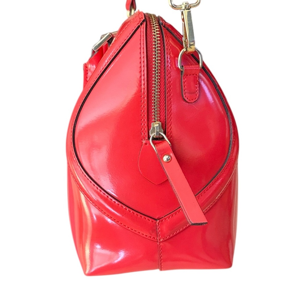 Italian Leather Red Satchel Crossbody Shoulder Bag Patent Gold Hardware Feet - Picture 4 of 16